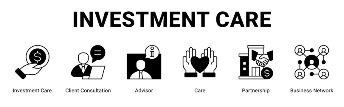 Investment Care web banner icon concept,  with Investment Care, Client Consultation, Advisor, Care, Partnership, Busines.