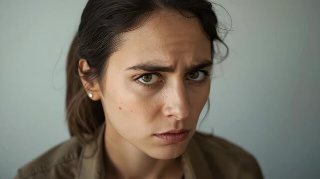 Young woman portrait worried looking sideways with furrowed brow intense gaze showing discomfort