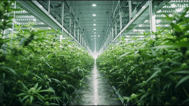 Rows of lush green cannabis plants thriving in a modern indoor agricultural facility with bright overhead lighting
