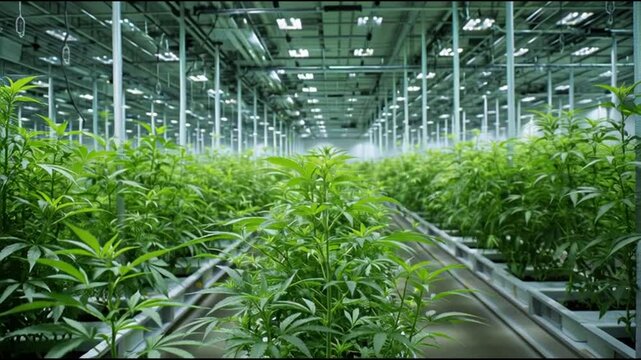 Indoor cannabis farm with rows of lush green plants under LED lighting
