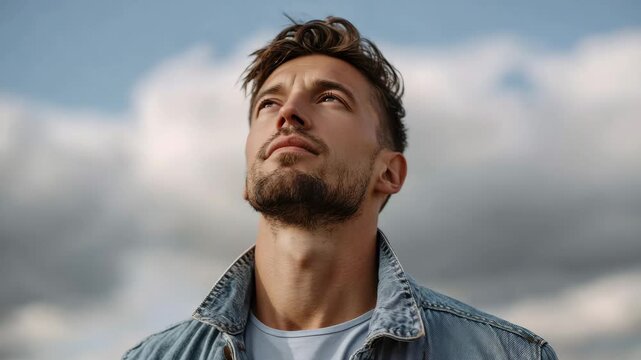 Handsome man beard looking up contemplative sky cloud outdoor portrait denim jacket casual young man closed eyes enjoying fresh air relaxed expression soft cloud background thoughtful expression