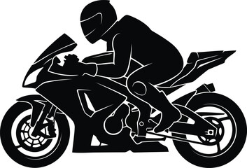 Stylized Black Motorcycle Silhouette with Rider for Dynamic Designs and Sporting Themes © SAIF820