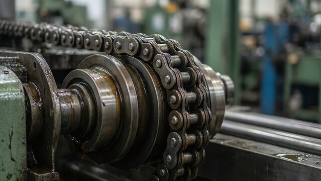 Metal roller chain on steel shaft with lubricated surface in industrial machine