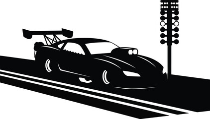 Sleek Drag Racing Car Silhouette on a Strip with Starting Lights © SAIF820