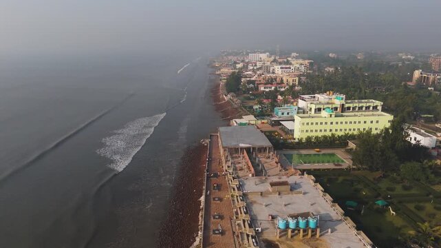 Aerial drone view of Mandarmani sea beach during low tide
