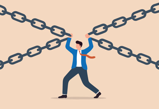 Single point of failure, risk or vulnerable weak point to make all system down, important point to hazard or beware danger concept, businessman at try so hard to hold multiple chain to avoid failure