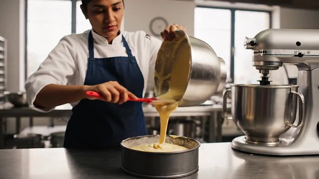 Chef pouring cake batter into baking pan with stand mixer in kitchen