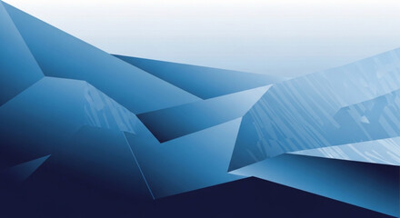 A professional abstract background featuring sharp, geometric low-poly shapes in various shades of blue and white gradients.