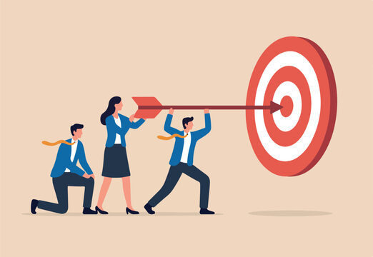Team business goal, teamwork collaboration to achieve target, coworkers or colleagues with same mission and challenge concept, people help holding dart aiming on bullseye target.