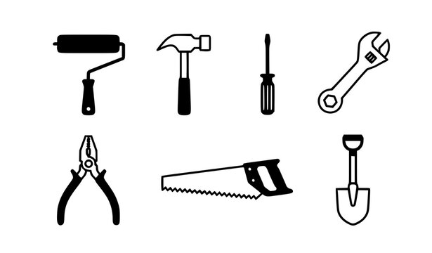 Black and White Construction Tool Icons Flat Vector Collection