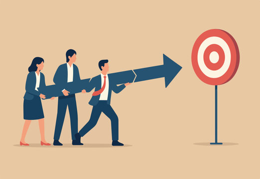 : Team target to success together, teamwork or challenge to work as partnership, coworkers or colleague collaboration to achieve goal concept, business people team work together to connect arrow targe