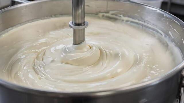 Medium shot of creamy salad dressing being mixed in a large stainless steel kettle showing smooth emulsification of oils and dairy components for a rich texture.