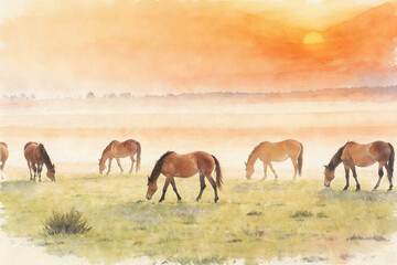 Fototapeta premium Watercolor Painting of Wild Horses at Sunset