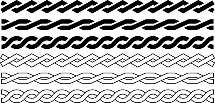 Set of black and white braided and intertwined line icons featuring various twisted rope designs