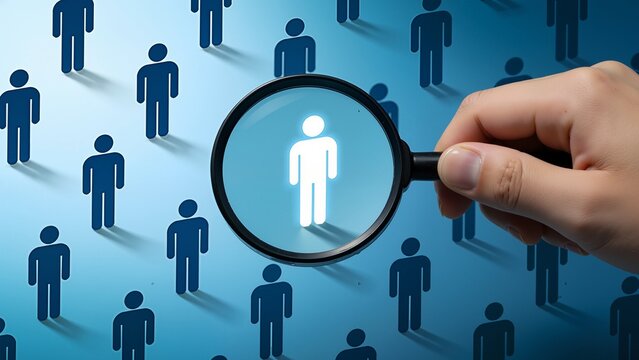 Hand holding magnifying glass over human icons
