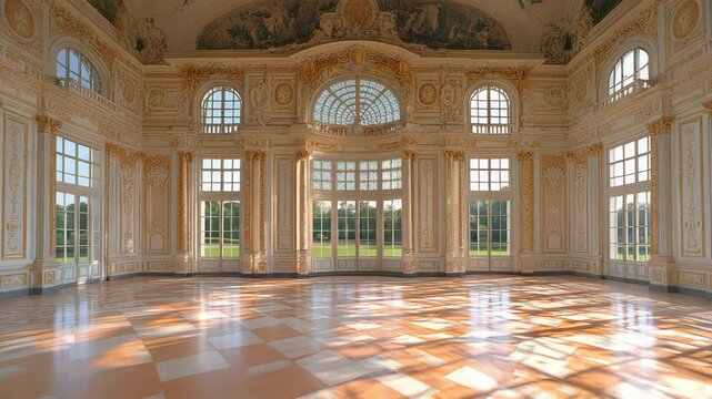 Ornate interior of a grand hall with gilded architectural details and large windows