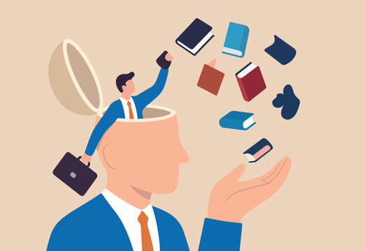 Unlearn, forget wrong information or knowledge, erase or delete memory for free space to learn new things concept, businessman throw away books and knowledge from his brain open head.