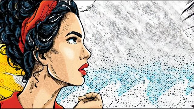 Woman with red bandana gazing intensely into the distance, illustration, strong facial expression, cartoon style