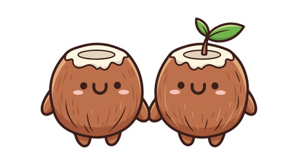 Two cheerful cartoon coconuts with smiley faces stand side by side on a plain white background.