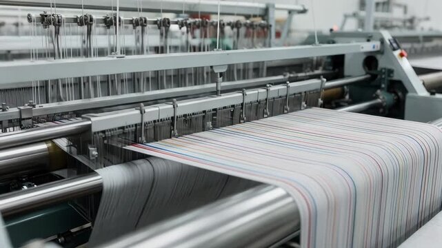Medium shot of a loom intricately weaving narrow elastic bands for waistbands with vibrant threads highlighting precision in textile manufacturing.