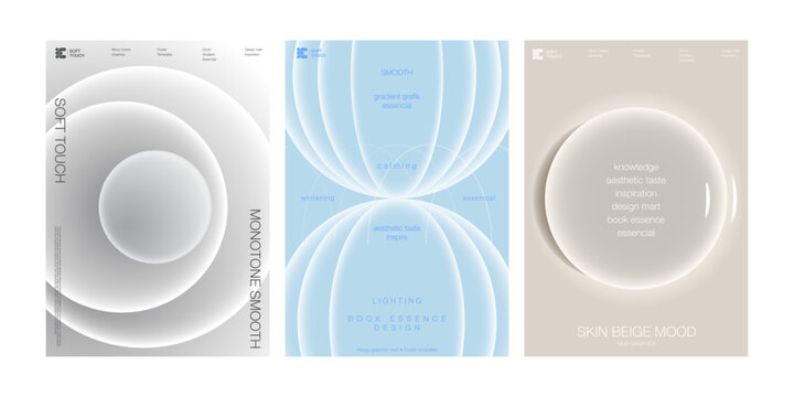 Set of soft aesthetic gradient poster templates Minimalist abstract blurred circle backgrounds in white, blue and skin beige Modern design for cosmetic branding, beauty product ads and spa promotion m