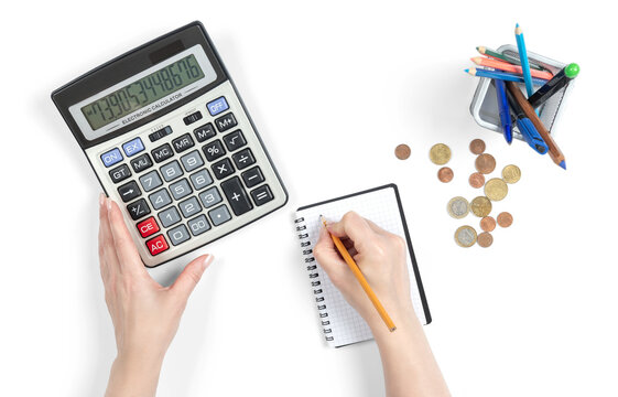 Female hands calculating personal finances with calculator, euro coins and pencil. Home accounting, budgeting, savings and expense planning concept. Isolated object on transparent background, PNG.