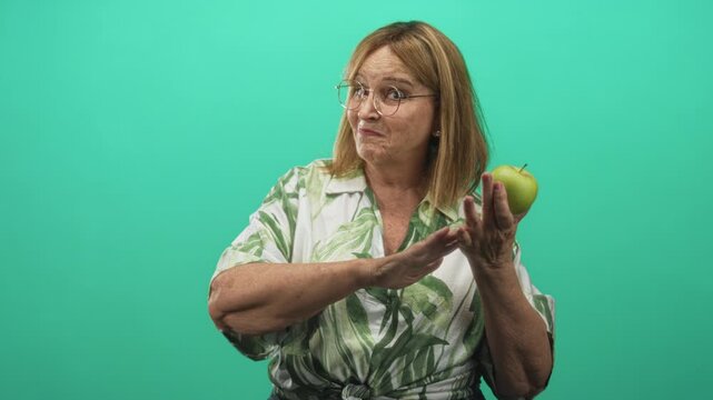 Woman holding a green apple in a studio, gesturing with hand toward the fruit while wearing glasses and a leaf print blouse; thoughtful offering.