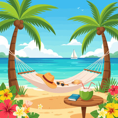 Obraz premium Tropical beach hammock with palm trees, ocean view, and sailboat.