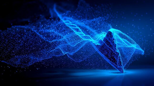 Abstract machine learning visual background wave of blue particle data flow futuristic energy motion concept with dynamic digital gradient glow