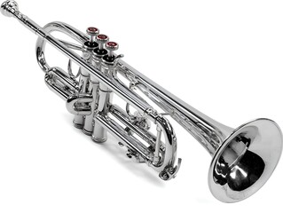 Obraz premium A shiny silver trumpet is displayed on a white background, showcasing its elegant design and musical potential for musicians and enthusiasts.
