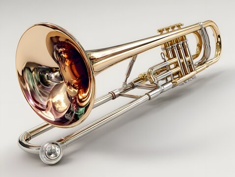 A shiny brass and silver trombone is displayed in a studio setting to showcase its musical instrument parts and detailed design in full view.