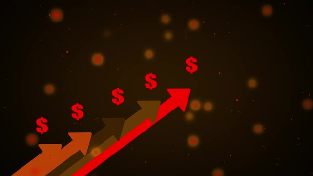 Red dollar signs ascend on colorful arrows pointing upwards against a dark, bokeh-lit background symbolizing financial growth and economic progress in a dynamic abstract representation of monetary