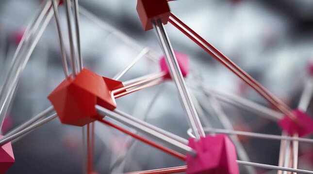 Machine learning network structure abstract visual background with geometric connection node detail and modern 3d render pattern for data innovation