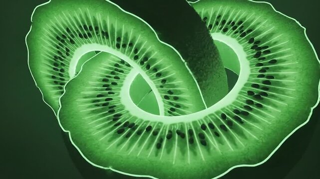 Abstract artistic representation of a kiwi fruit slice with a detailed spiraling green pattern on a dark background.