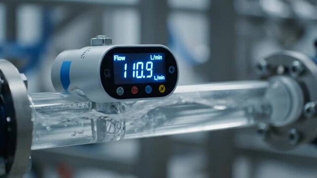 Digital Flow Meter Measuring Liquid in Pipeline.