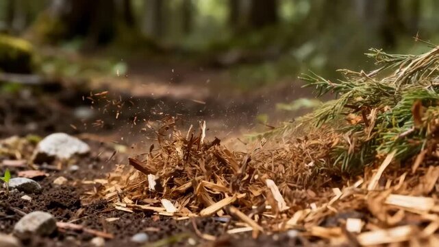 Medium shot of dense underbrush being shredded into fine mulch highlighting ecofriendly vegetation mulching techniques for soil enrichment.