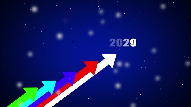 Colorful arrows in green, cyan, blue, red, and white ascend diagonally towards the year 2029, set against a dark blue starry night sky with soft white bokeh lights, representing future aspirations