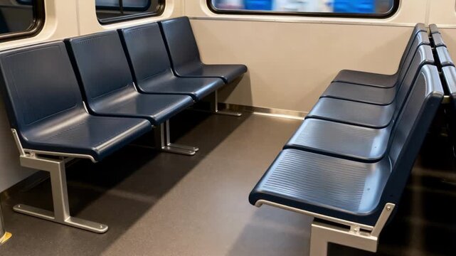 Focus on benchstyle seating in a public transit vehicle showcasing communal space and durable materials designed for high usage.