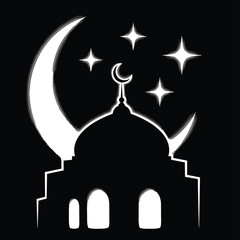 Obraz premium A serene illustration of a mosque under a crescent moon and stars