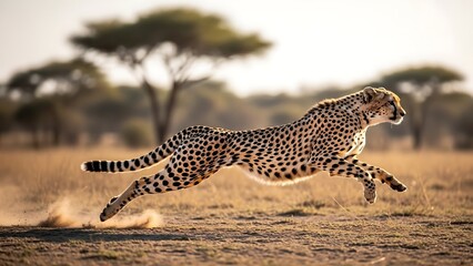 Cheetah running swiftly across savannah landscape at sunset