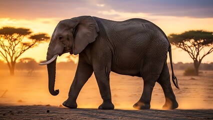 Majestic elephant walking through savannah at sunset with acacia trees