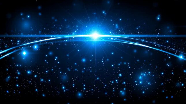 Abstract blue light glow background curve with star horizon cosmos scene, radiant galaxy space universe machine learning visual background