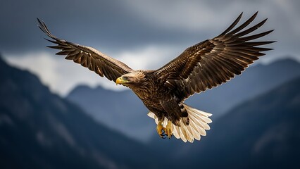 Majestic eagle soaring through stormy skies with mountains