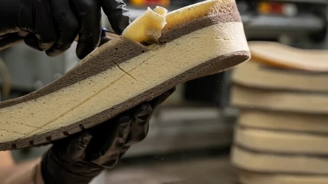 Dualdensity foam midsoles being carefully trimmed and formed highlighting the contrasting materials and texture differentiation in sports shoe manufacturing.