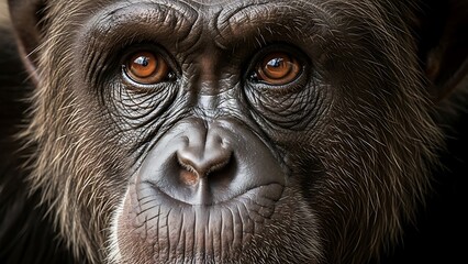 Close-up of a chimpanzee's expressive face with brown eyes