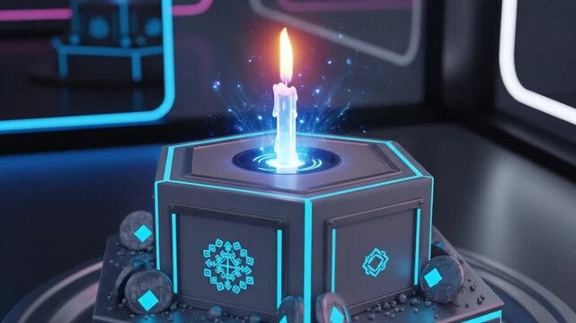 Futuristic Blue Glowing Candle Burning on a High-Tech Hexagonal Platform, Abstract Energy