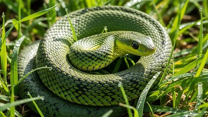Green snake curled in grass with dew drops on scales