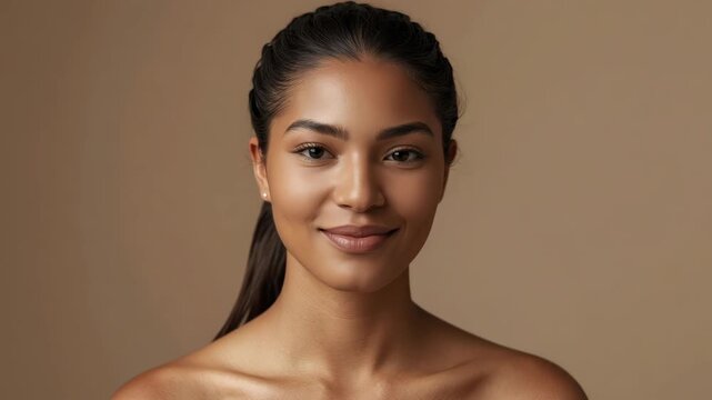 Portrait young woman with smooth skin subtle smile studio beauty skincare woman smile studio beauty