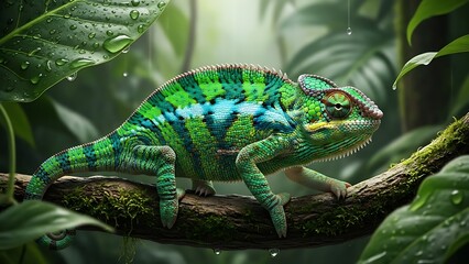 Vibrant green chameleon perched on mossy branch in lush tropical rainforest