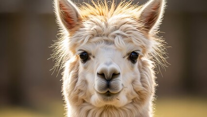 Close-up of a white llama looking directly at the camera